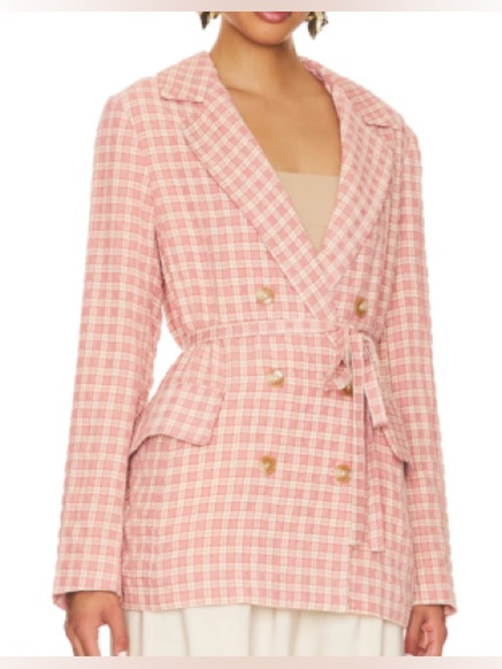 Free People Pink Plaid Belted Double Breasted Blazer Jacket Small
